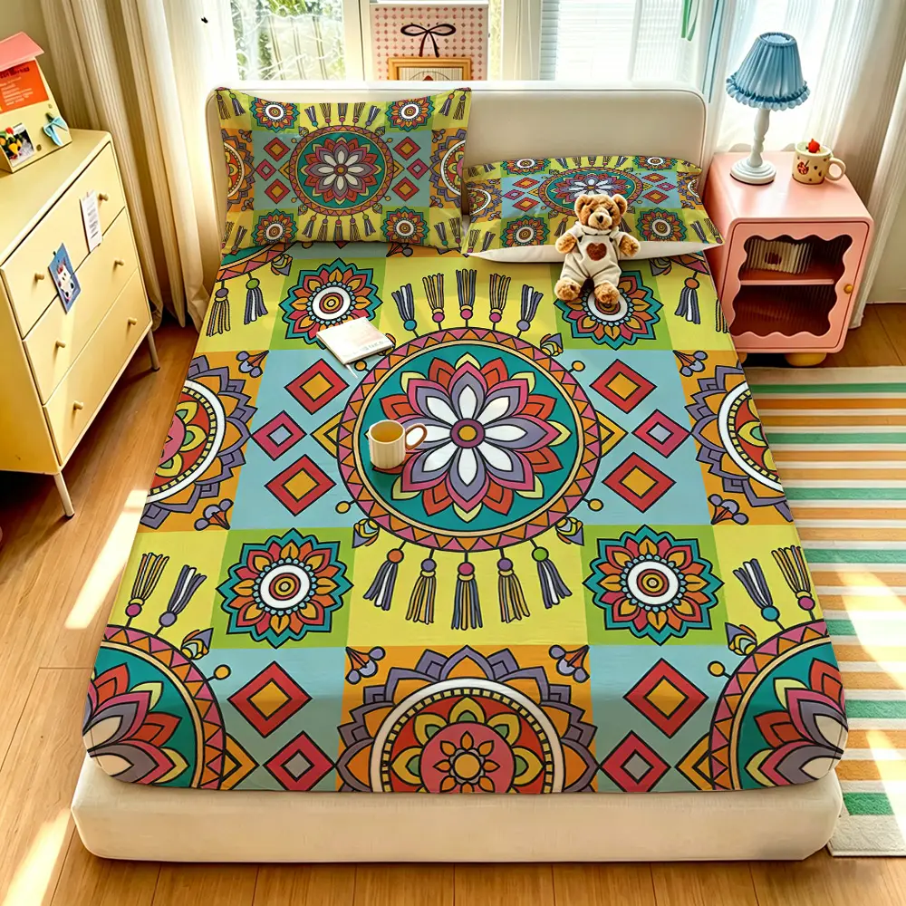 A 3-piece digital print bedding set with Bohemian mandala patterns, including one bedspread and two pillowcases, without a filling. The bedspread is soft and comfortable, with a deep pocket design, making it a perfect gift choice.