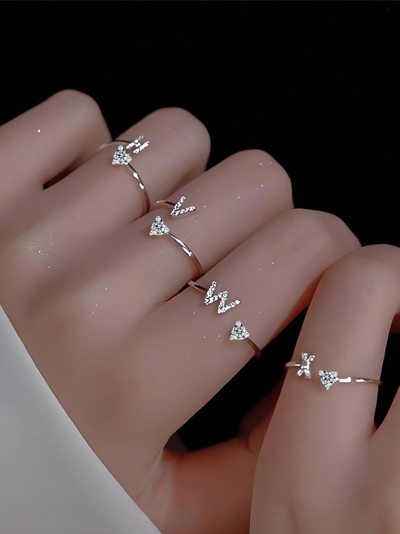 S925 Sterling Silver Letter Design Artificial Zircon Decor Cuff Ring, Fashion Jewelry for Party, Daily Decor, Trendy All-match & Exquisite Jewelry for Gift