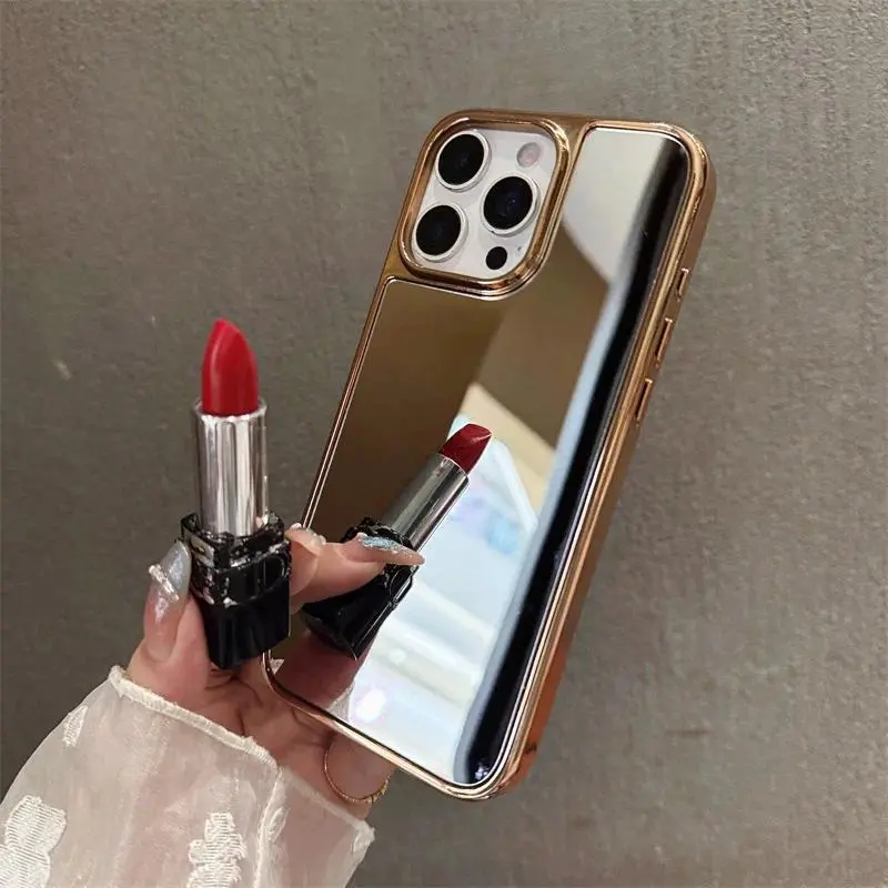 Trendy Electroplated Makeup Mirror Phone Case For iPhone 17 16 15 14 13 12 Pro Max Plus, Shockproof Protective Case