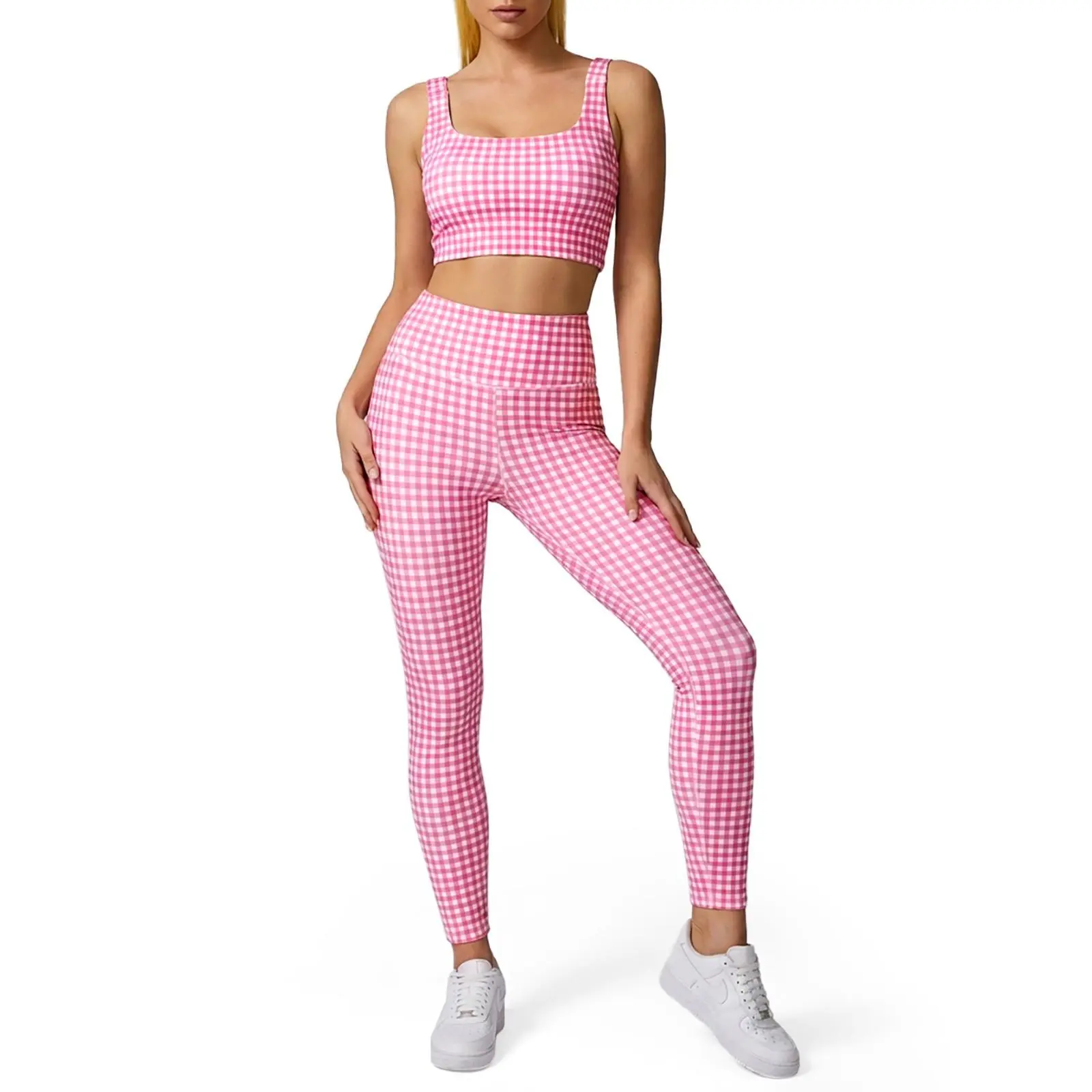 Aoysky Women's Sporty Gingham Print 2-Piece Matching Yoga Set with Padded Crop Tank and High Waist Leggings, Matching Outfits, Female, Plain, Pants, Gym Workout Set, Athletic Yoga Set