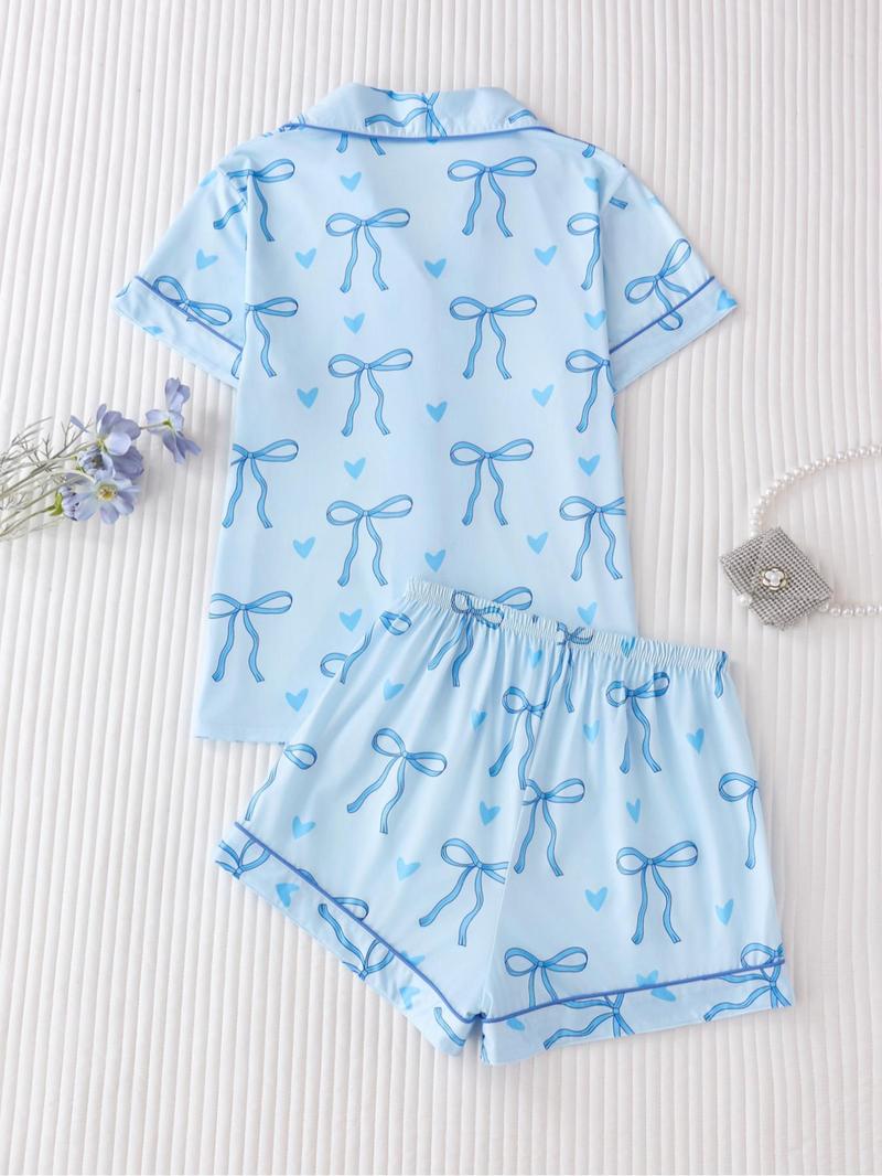 Women's All Over Bow Print Lapel Neck Pocket Shirt & Elastic Waist Shorts Pyjama Two-piece Set, Casual Comfy Short Sleeve Top & Shorts Pj Set, Pajama Sets Women, Ladies Sleepwear for All Seasons, Pajamas, Womenswear, Lounge Wear