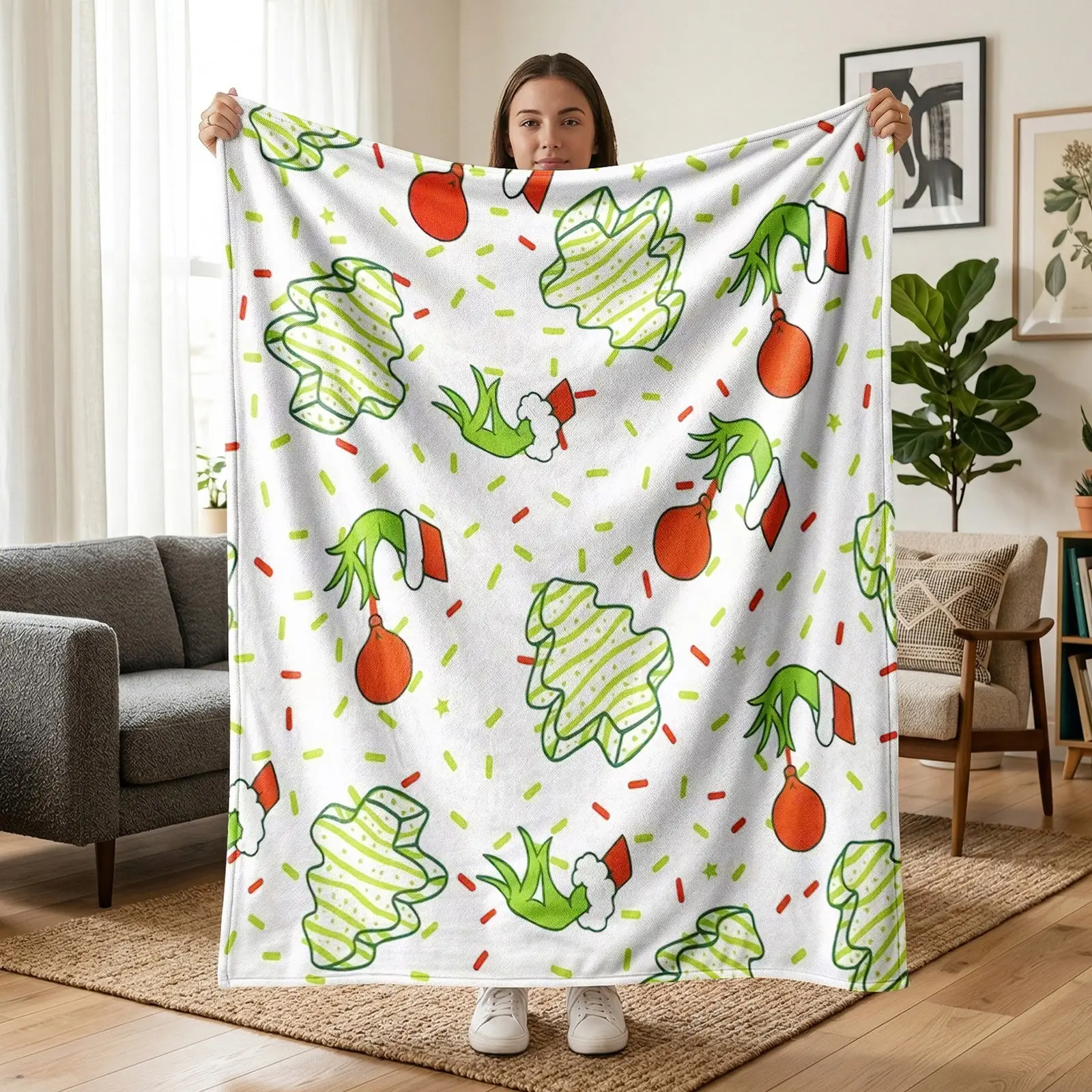 1PC Christmas Grinch Cartoon All Over Print Flannel Blanket,Grinch Hand Christmas Tree Balloon Confetti Seamless Print,Fresh Xmas Warm Throw for Sofa,Bed,Office Shawl,Camping,Perfect Holiday Gift for Christmas