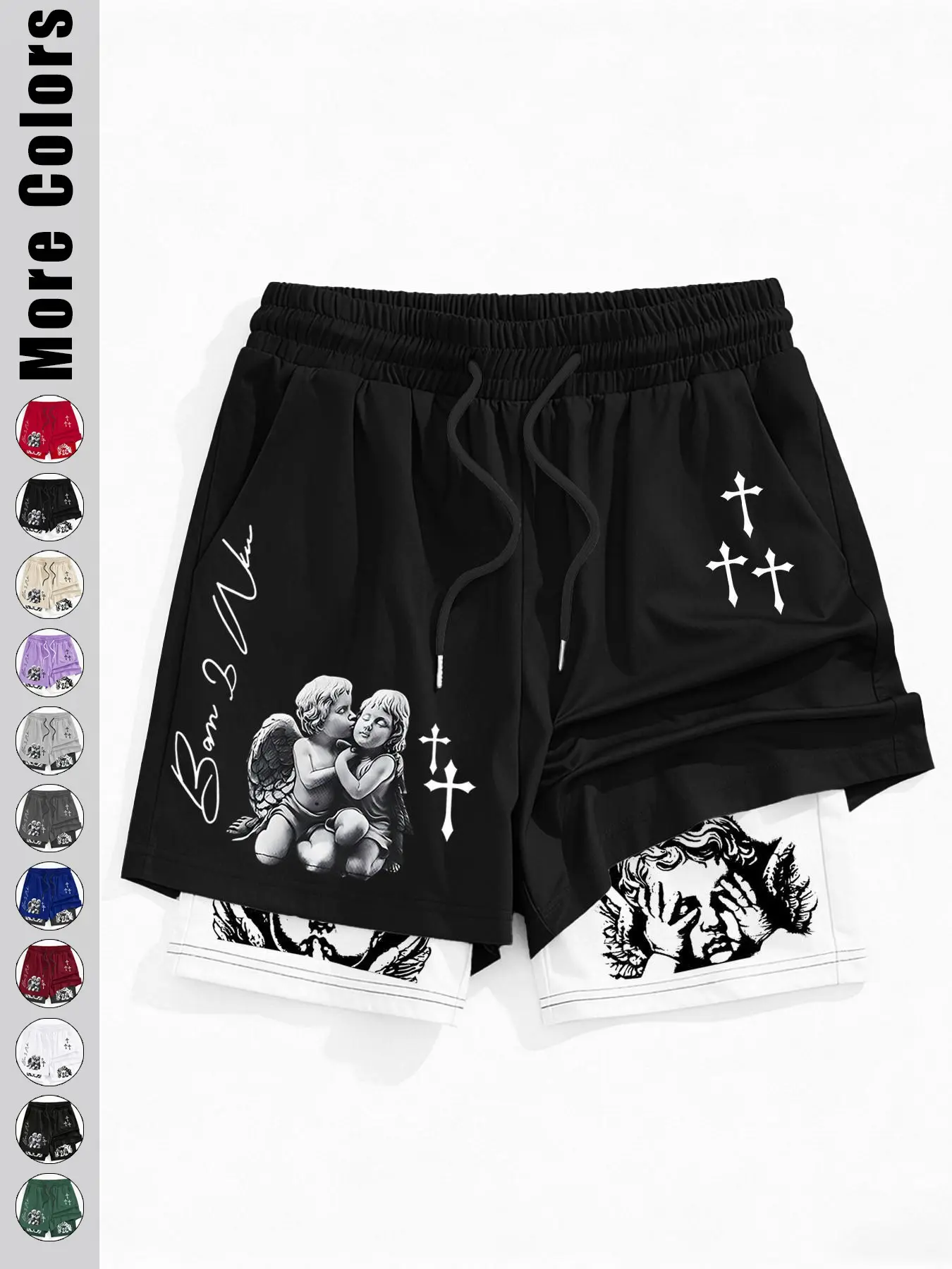 Men's Angel Cross Print Double Layer Shorts, Y2K Vintage Street Style Loose Drawstring Design, Casual Sport Daily Wear