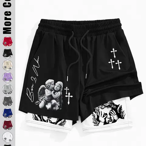 Men's Angel Cross Print Double Layer Shorts, Y2K Vintage Street Style Loose Drawstring Design, Casual Sport Daily Wear, Shorts Summer Casual