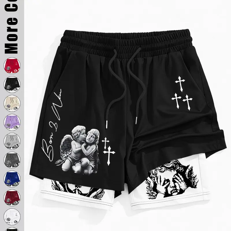 Men's Angel Cross Print Double Layer Shorts, Y2K Vintage Street Style Loose Drawstring Design, Casual Sport Daily Wear, Shorts Summer Casual