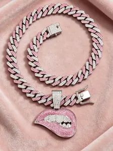 1 Piece Necklace, Shiny Lip Shape Pendant with Ice Cuban Link Design, Unisex Hip Hop Pendant Necklace, Party