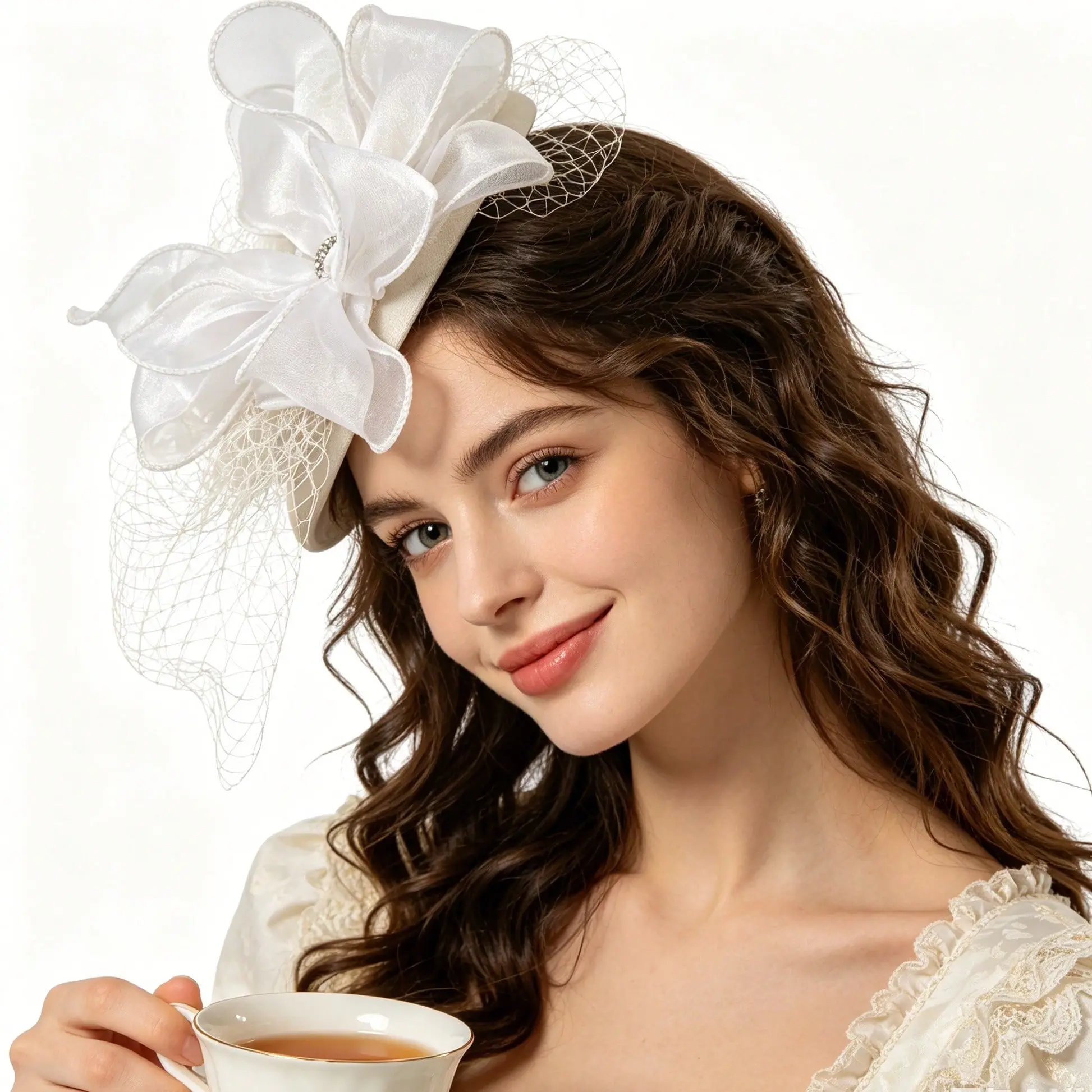Women's Vintage Organza Fascinator Hat - Mesh Veil, Rhinestone Decor, Audrey Hepburn Style Hair Clip Headpiece for Wedding, Tea Party