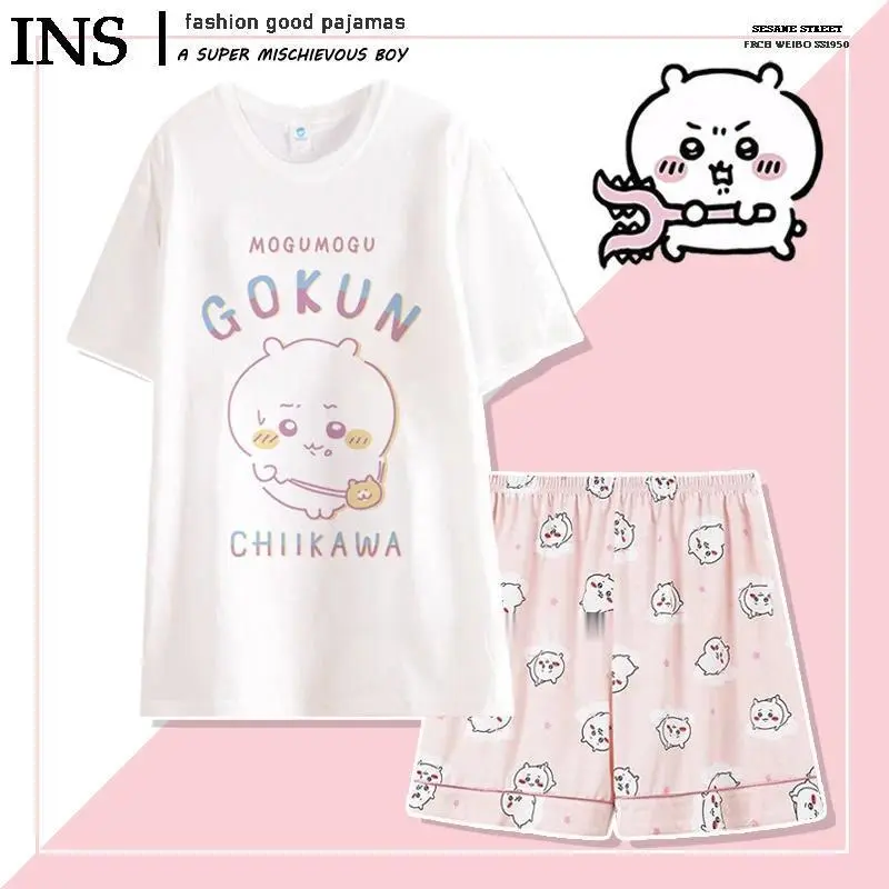 Anime chiikawa pajamas summer cotton round neck short sleeved pants loose casual comfortable cute cartoon chiikawa home clothes