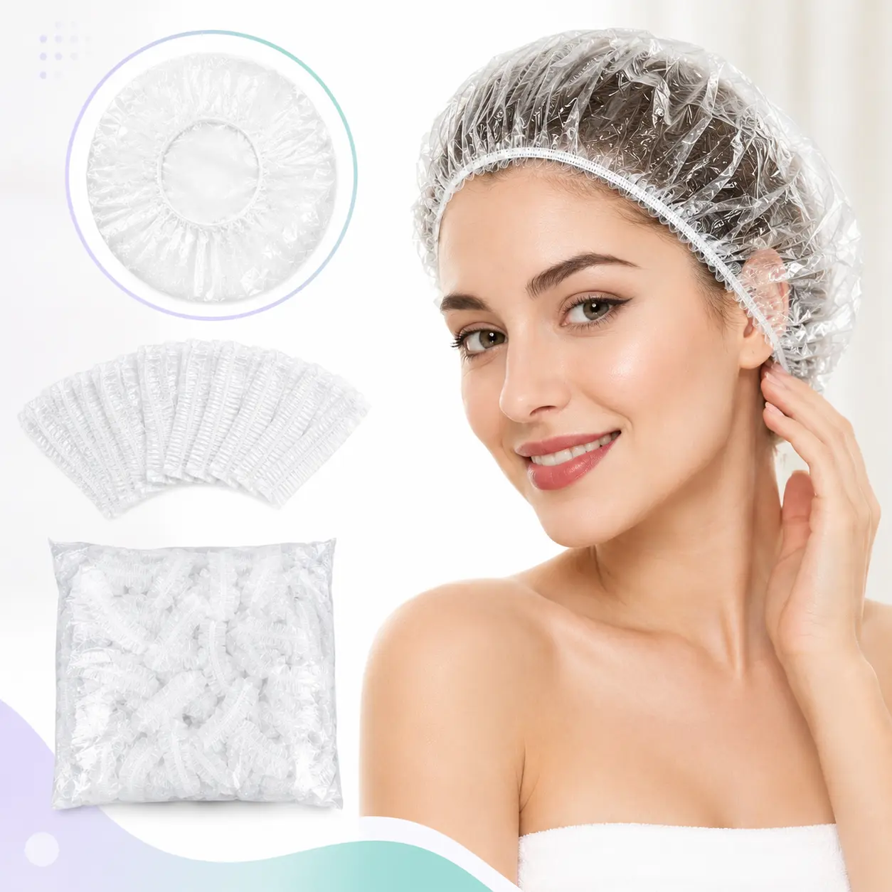 100pcs Disposable Shower Caps, Plastic Elastic Bath Caps, Waterproof Hair Cover for Shower, Hair Dyeing, Spa, Travel & Salon Use