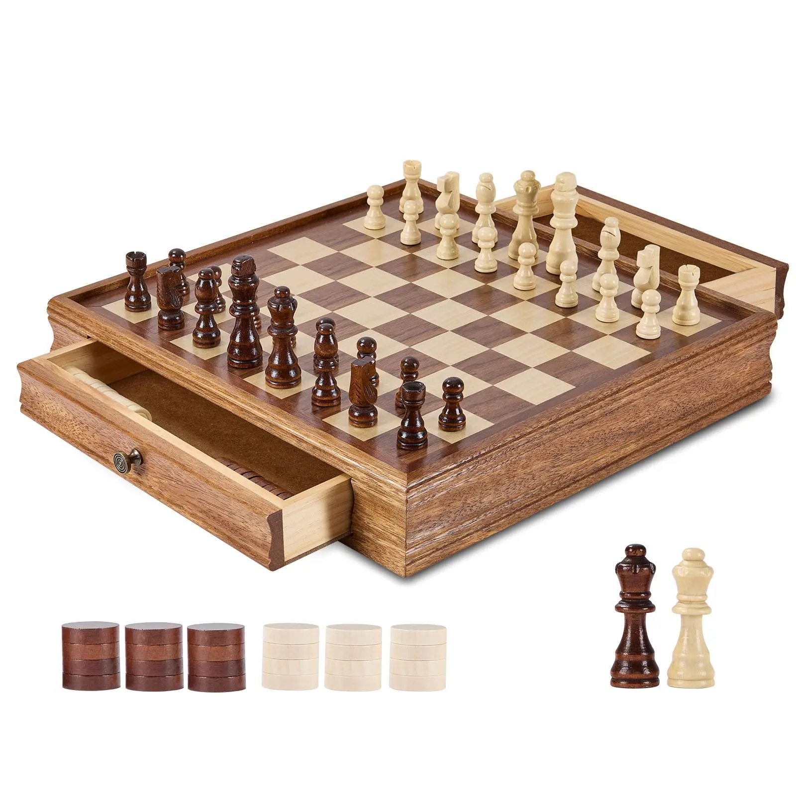VEVOR Solid Wood Chess Set, 15 inch 2-IN-1 Chess Checkers Game Set, Chess Board Games with Storage Drawer Weighted Chess Checkers Pieces 2 Queens, for Adults Kids Tournament Professional Beginner