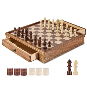 VEVOR Solid Wood Chess Set, 15 inch  2-IN-1 Chess Checkers Game Set, Chess Board Games with Storage Drawer & Weighted Chess Checkers Pieces & 2 Queens, for Adults Kids Tournament Professional Beginne
