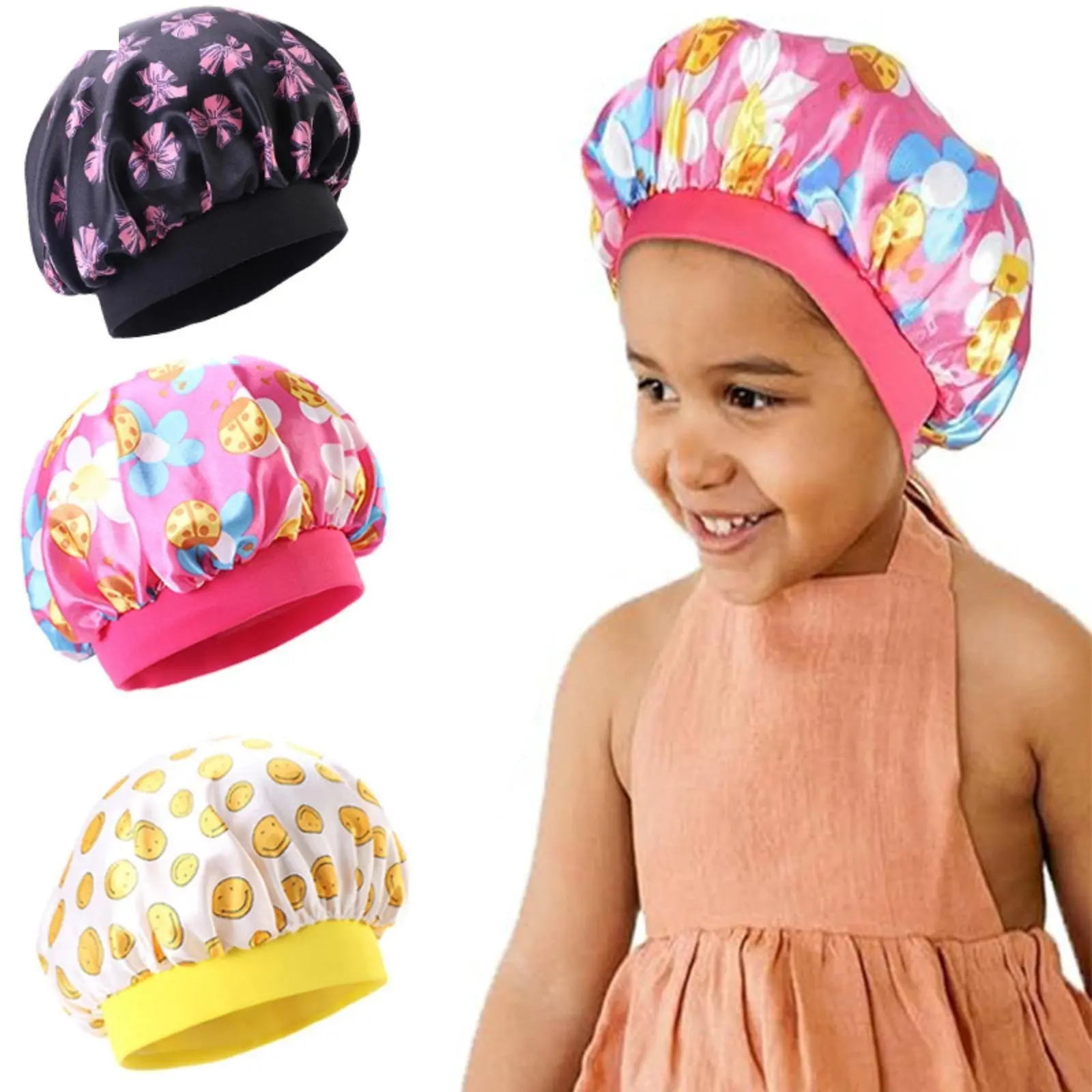 Kids Rose Red Cute Printed Satin Sleep Bonnet - Soft Touch, Round Shape, Smooth, Elastic, Breathable, Lightweight Toddler Headwear Baby Accessory for Night Sleeping & Bath Time Hair Protection