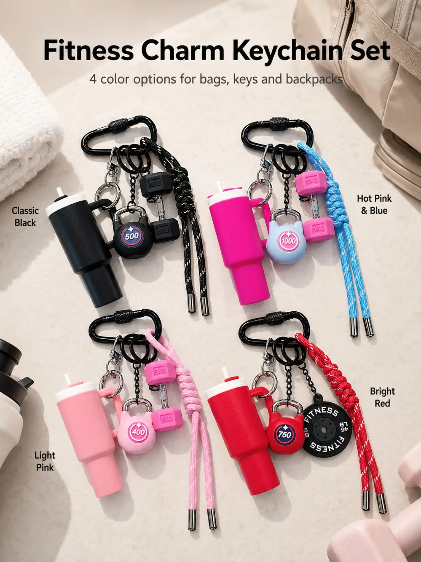 Miniature Fitness Tumbler & Dumbbell Keychain with Braided Paracord Lanyard, Soft Silicone Mini Charms, Gym Workout Themed Multi-Charm Cluster 3D Silicone Fitness Charm Set