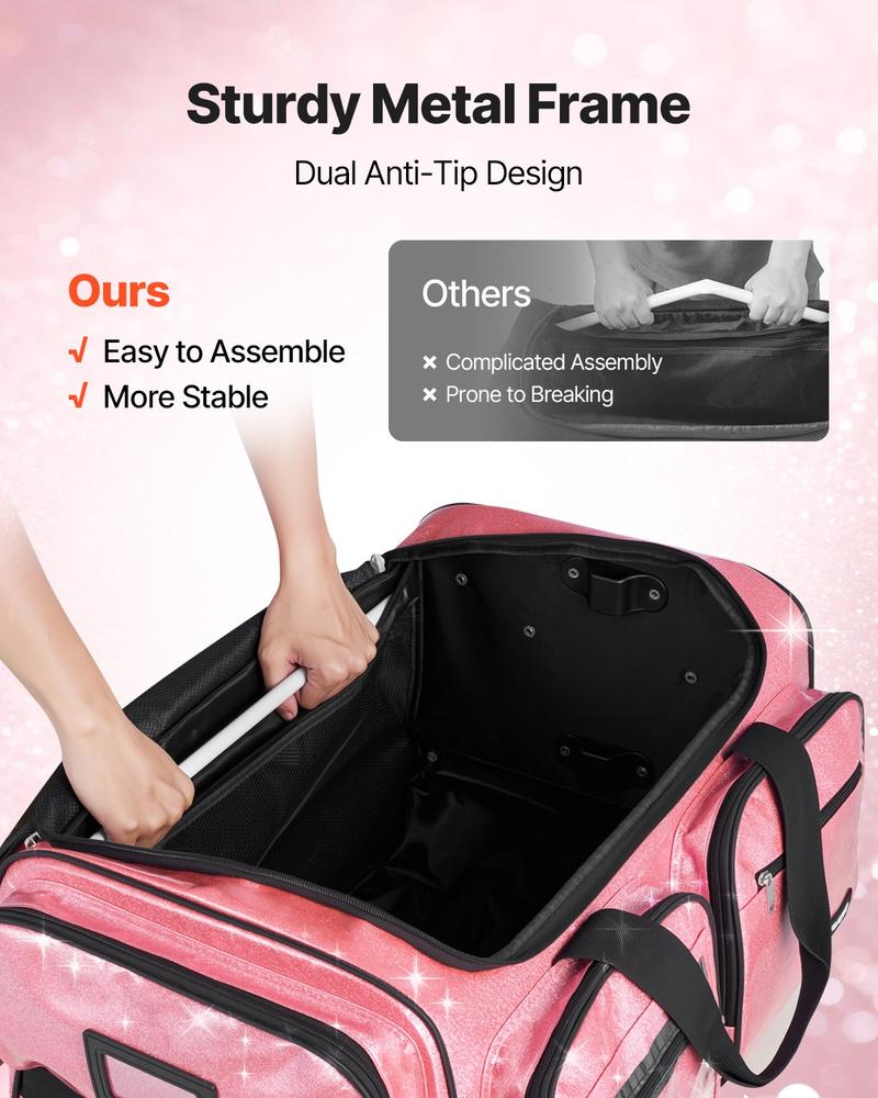 VEVOR Dance Bag with Garment Rack, 23 Inch Rolling Dance Duffel, with Wheels, USB Port, Height Adjustable Clothes Rack, Privacy Protection Curtain, Ideal for Travel and Competitions, Sparkling Pink