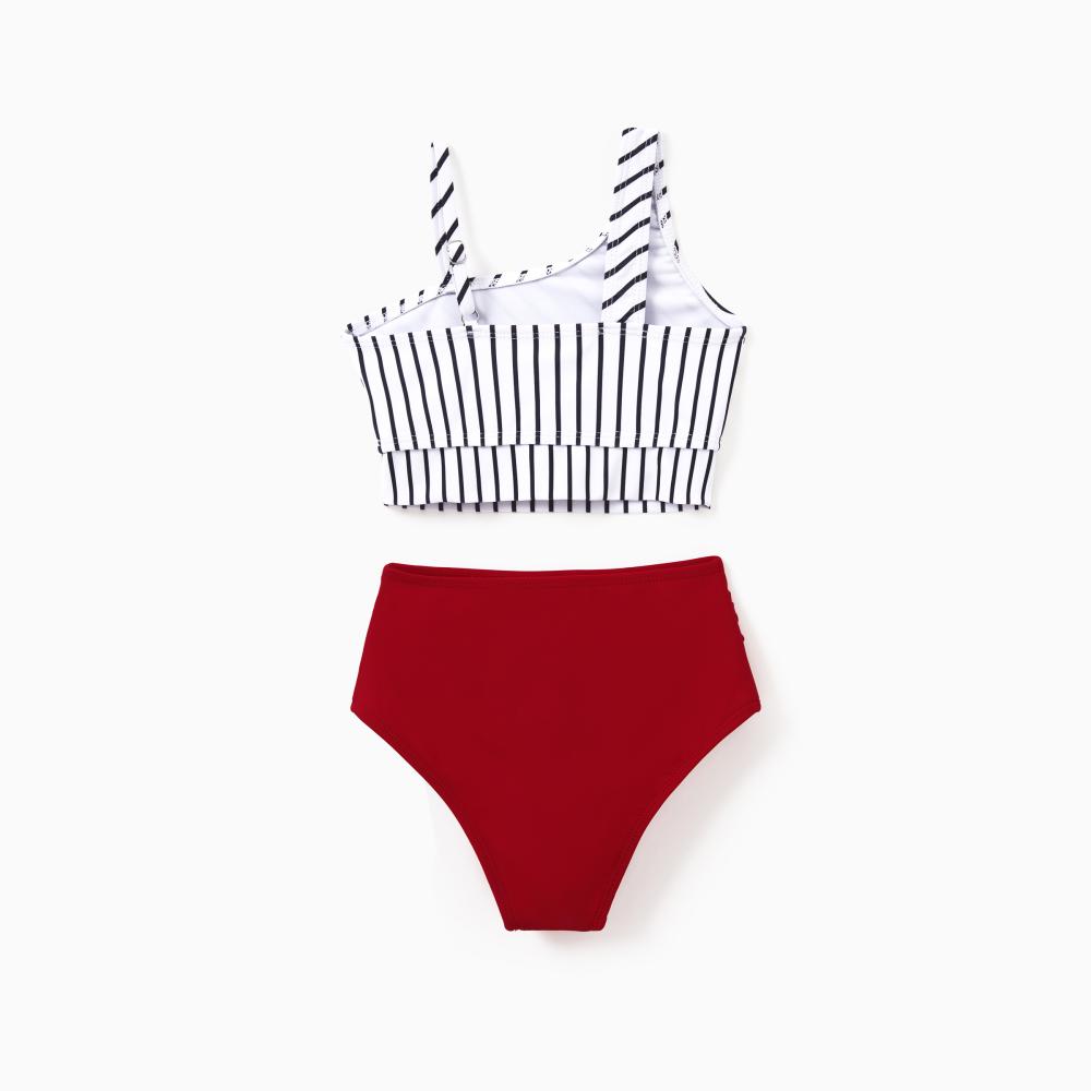 PatPat Family Matching Swimsuits Red Striped One-Shoulder Bikini or Colorblock Swim Trunks Matching Beachwear Outfits for Summer, Cruise, Vacation