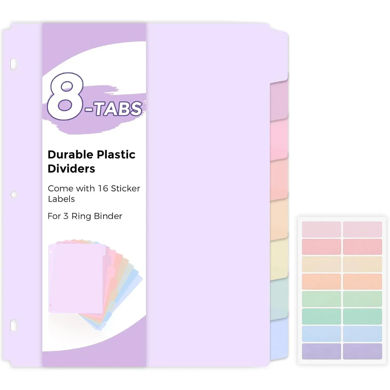 8-Tab Binder Dividers for 3 Ring Binder, Letter Size, Durable Plastic Tab Dividers,Write & Erase Binder Dividers with Sticker Labels, 1 Set, Pastel Color