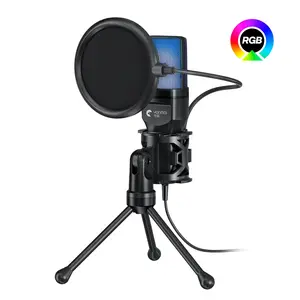 RGB Condenser Microphone with Mini Tripod, USB Powered Mic for PC Recording, Streaming, Gaming, Live Streaming, Compatible with PC and Mobiles