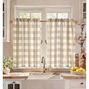 36" Linen Blend Yellow Plaid Farmhouse Kitchen Curtains – Gingham Cafe Tier Drapes, Rod Pocket, Light Filtering (2 Panels)