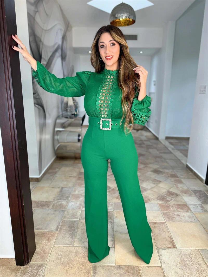 Woman Jumpsuit Birthday Long Sleeve Hollow Out High Waist One Pieces Overalls Club Party Outfits with Belt