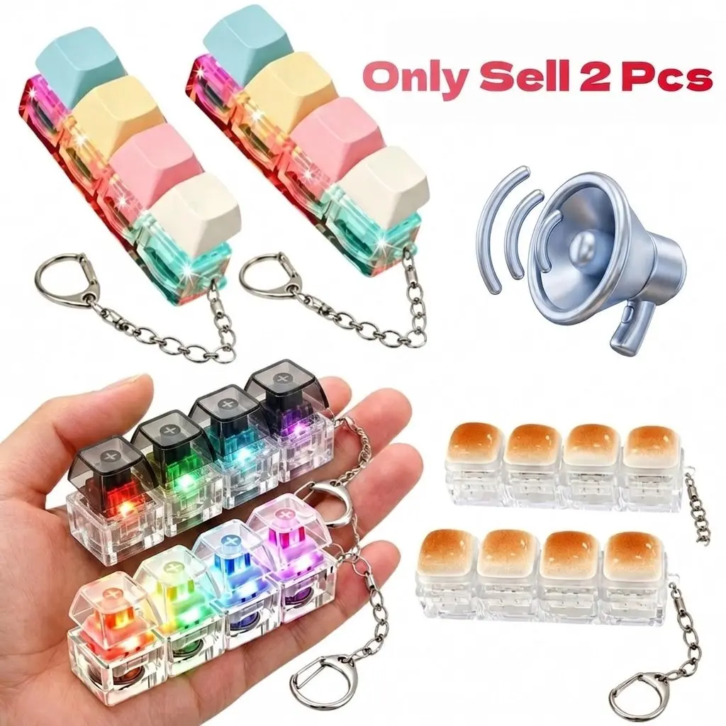 2 Pcs 4-in-1 Keyboard Light-Up Keys Adult Fidget Clicker Toy with LED Light, Silent and Loud Keyboard Fidget Keychain Cube, Multi Function Multi Purpose Keychain, Mechanical Key Button Clicker Stress-Relief Gift for Office, Car and Home Pass Time