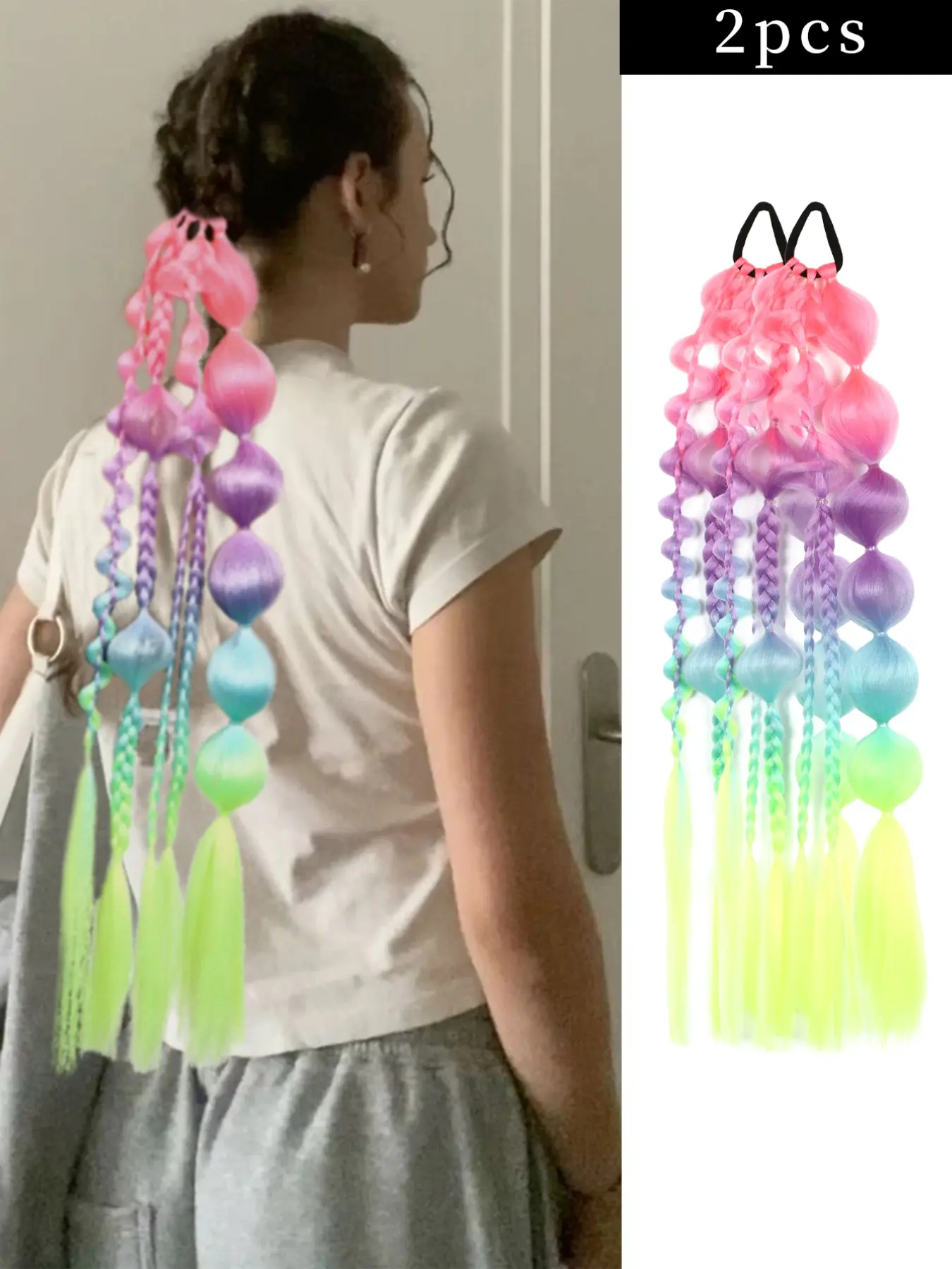 2pc Long Pink Blue Green Yellow Multicolor Braided Ponytail＋Bubble Ponytail Extension for Women ,Y2k Hair Ponytail,22 Inch Wrap Around Ponytail Afro Puff Ponytail Style Hair Extensions ,Curly Braided Straight Textured Hairband Ponytails
