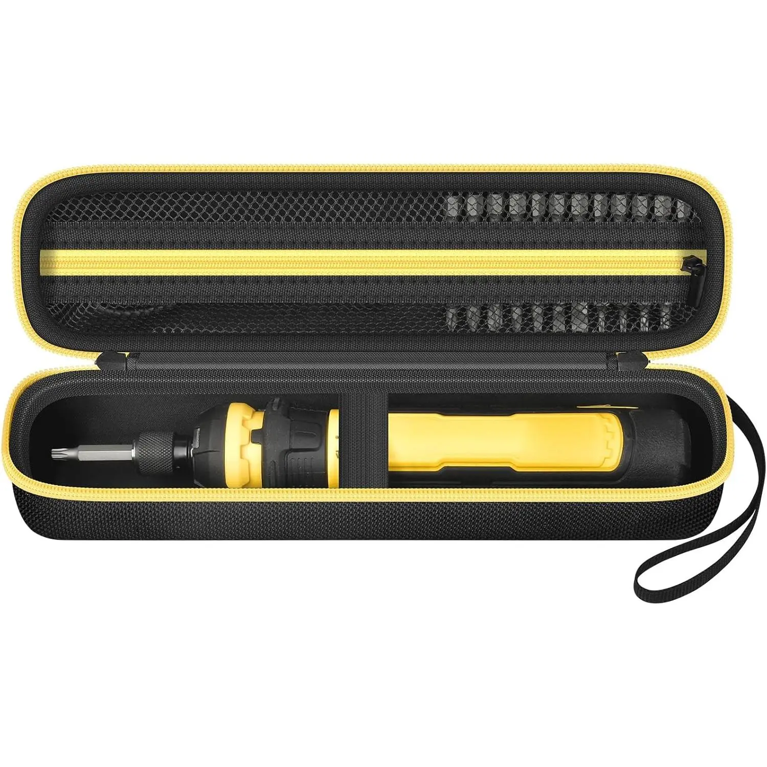 Compact Scratch-Resistant 8V MAX Screwdriver & Drill Tool Organizer Case (Box Only) for DWHT66719, Yellow Zipper Case with Mesh Pocket, Elastic Bands, 2 Battery Holders, 10.28x4.72x3.19 Inches, Unisex