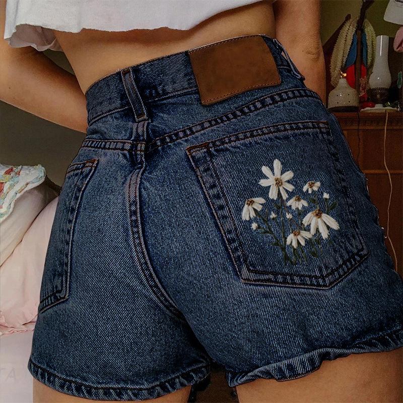 New2025 Artistic Retro Women's Denim Shorts with Multiple Pockets, Printed Design, Jean Blue, Fitted Style, Summer Casual & Versatile Womenswear