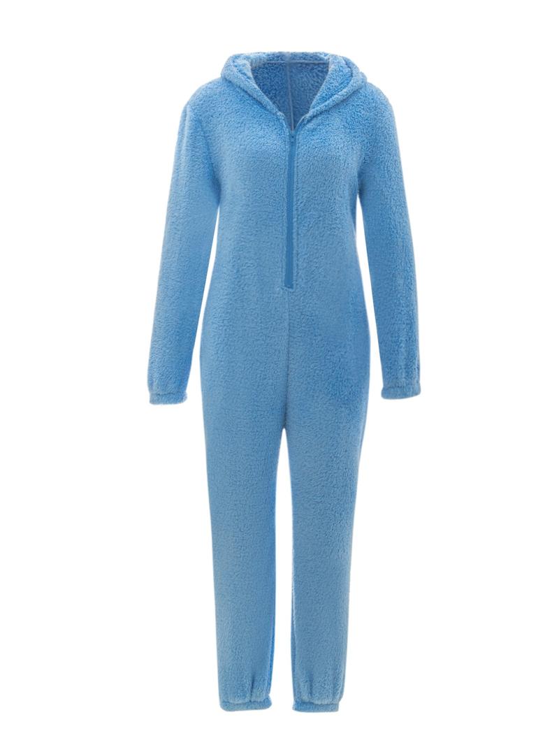 Women's Solid Zipper Hooded Plush Pajama Jumpsuit, Casual Long Sleeve Teddy Bear Ear Design Jumpsuit for Fall & Winter, Women's Sleepwear for Indoor Wear, Fluffy Lady Pajamas