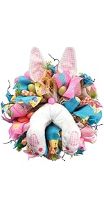 16 Inch Easter Mesh Deco Bunny Wreath with Eggs and Carrots for Front Door, Spring Pink and Blue Ribbon Easter Wreath for Spring, Rustic and Farmhouse Ribbon for Home Decor