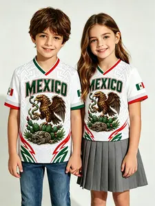 Aztec Eagle Cactus Tribal Print V-Neck Short Sleeve Top, Loose-Fit Casual Summer Tee for Kids, Quick-Dry Festival T-Shirt