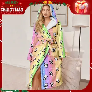 Plus Size Bathrobe, Luxury Hooded Robe, Super Comfortable Rainbow Panda Pattern, Fleece with Belt and Pockets, Winter Gift