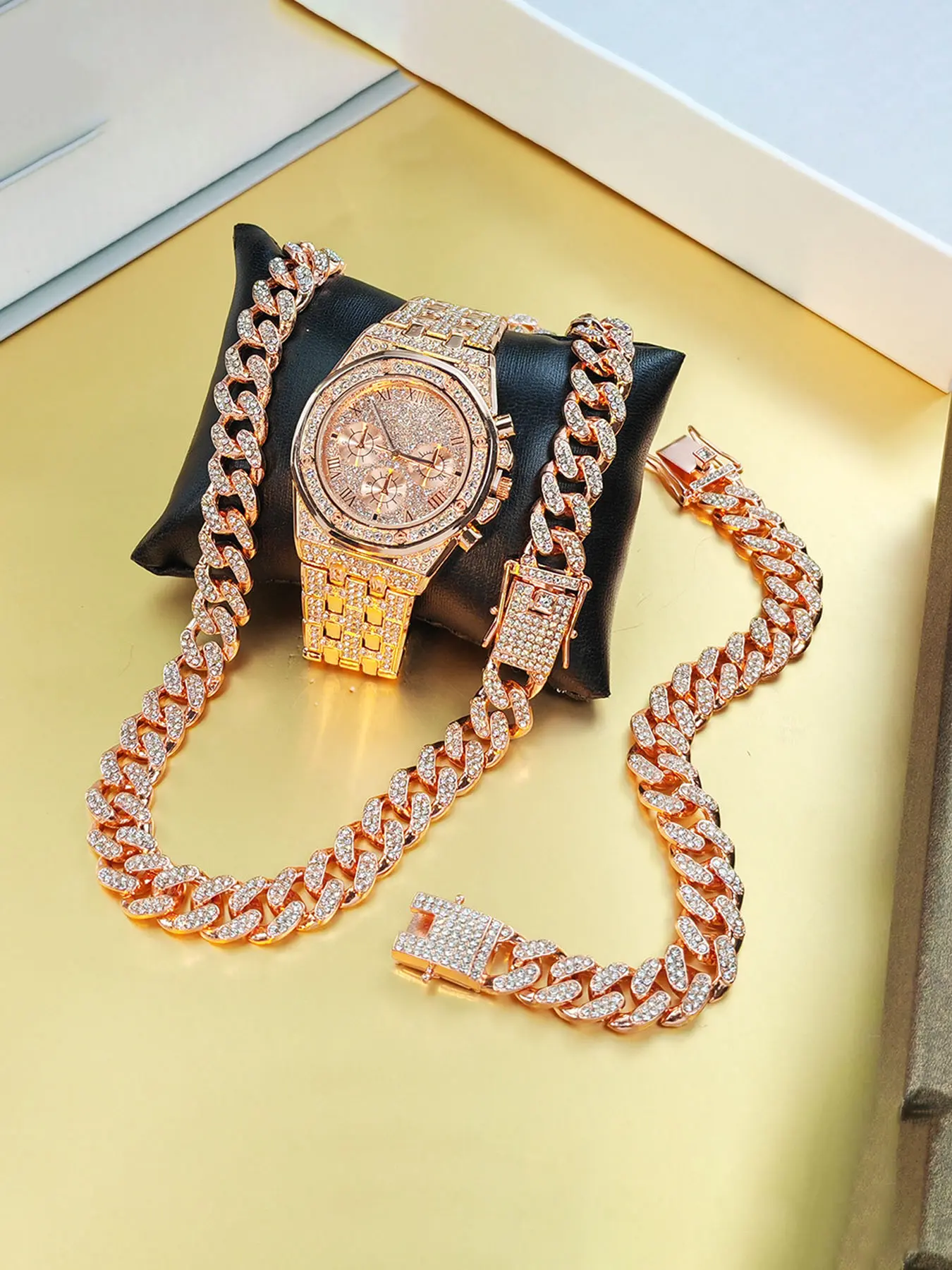 3-piece set of Cuba chain diamond-encrusted starry sky watch, bracelet, and necklace