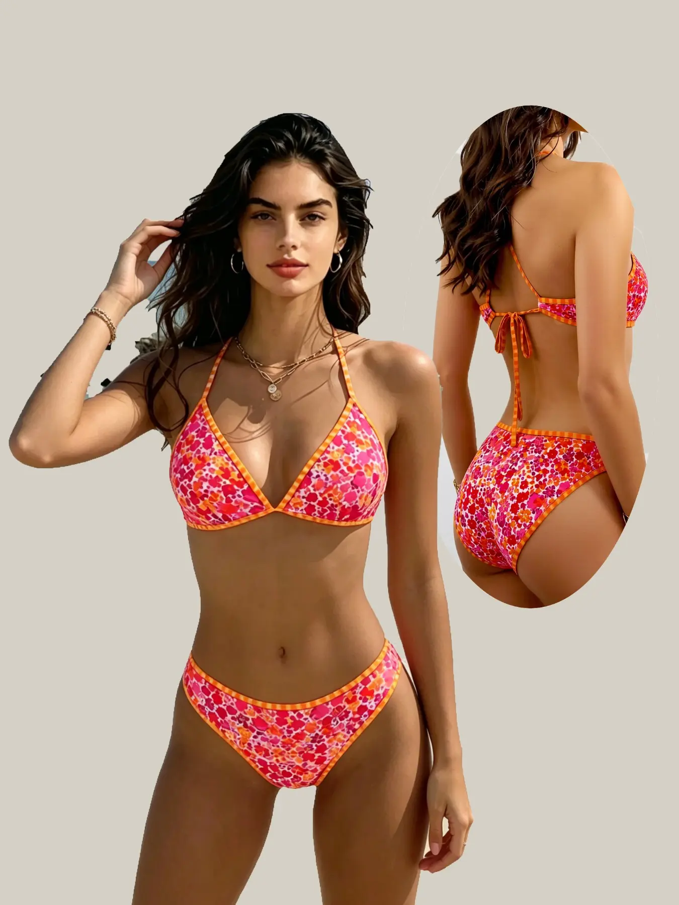 New Women's European Style Floral Fashion Split Bikini Set, V Neck Backless Cross Strap Design, Sexy Split Bathing Suit, Perfect for Beach Vacation, Floral Print Swimsuits, Floral Print Bikinis