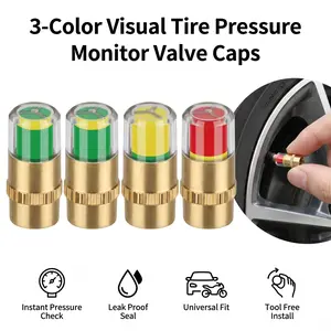 Gold Car Tire Pressure Monitor Valve Caps, 3 Color Visual Low Pressure Warning Stem Caps, Leak Proof Brass Auto Tire Safety Indicator Caps for Sedan SUV Motorcycle