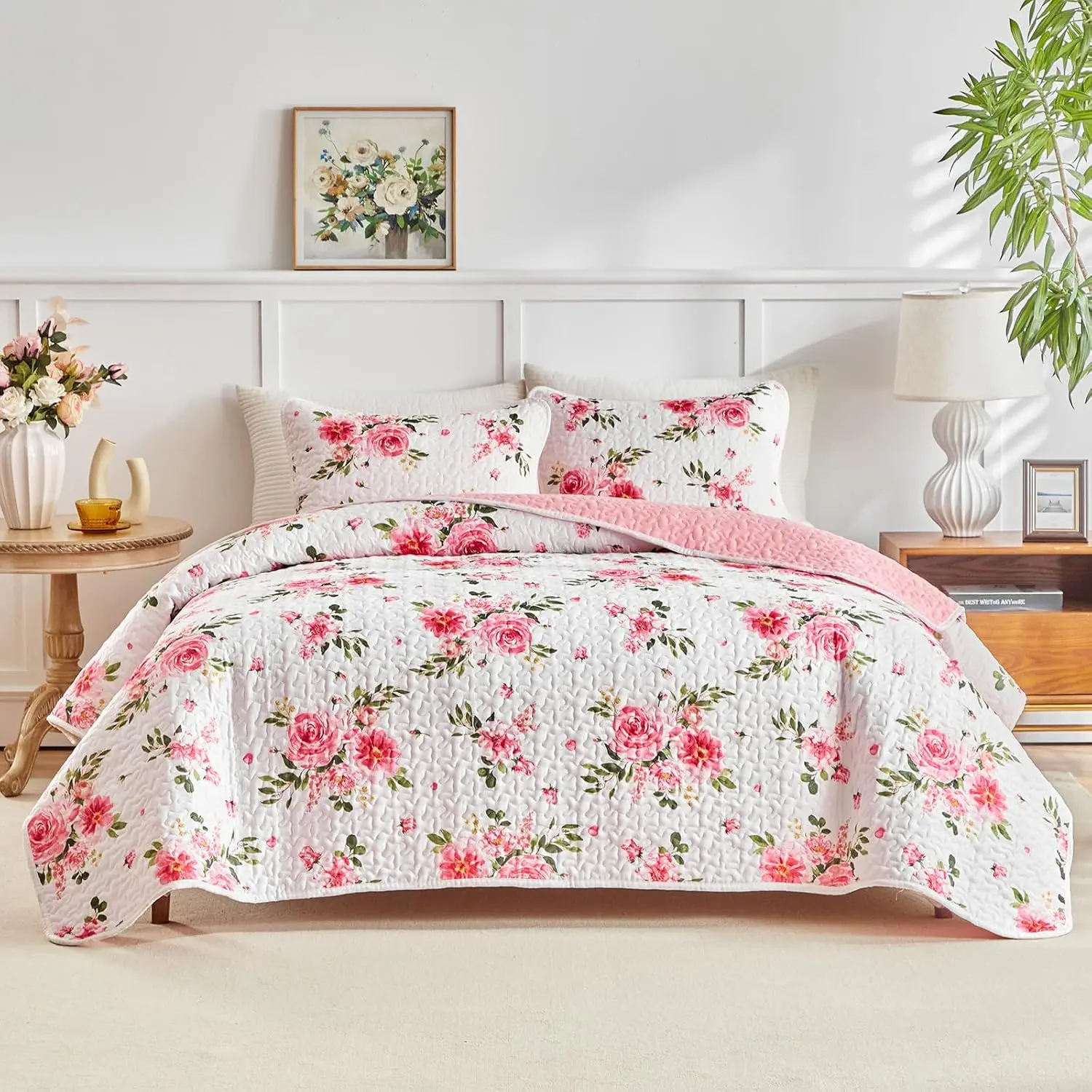 Pink White Floral Set 3 Pieces Queen Size Pink Flower Soft Microfiber Lightweight Summer Reversible Coverlet Bedspread for All Season -1 88 * 88 + 2 Pillow Shams
