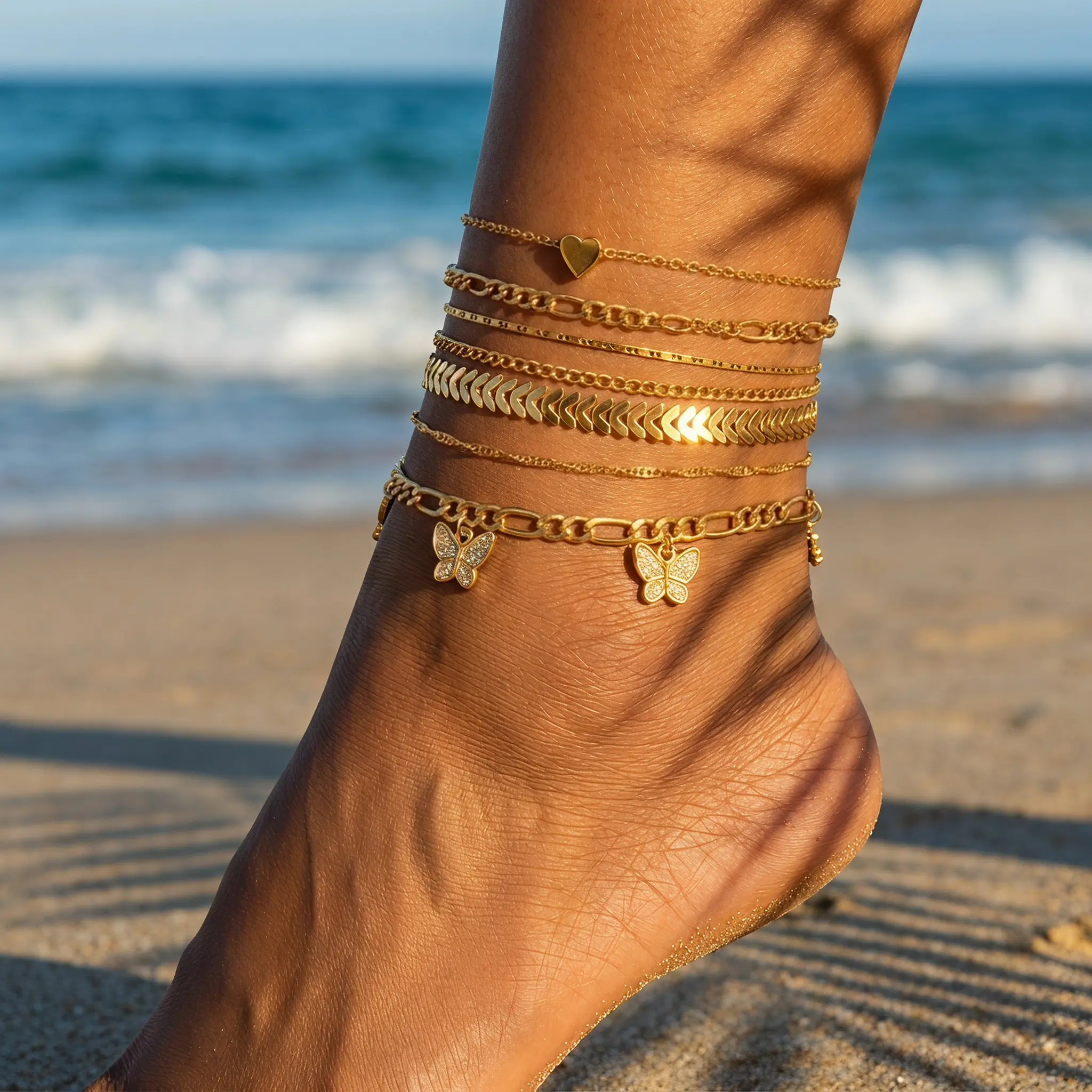 Adjustable Ankle Bracelet Set Of Seven Dainty Copper Chains With Butterfly Charms Cute Layered Anklets For Women Casual Summer Foot Jewelry Trendy Gift For Her
