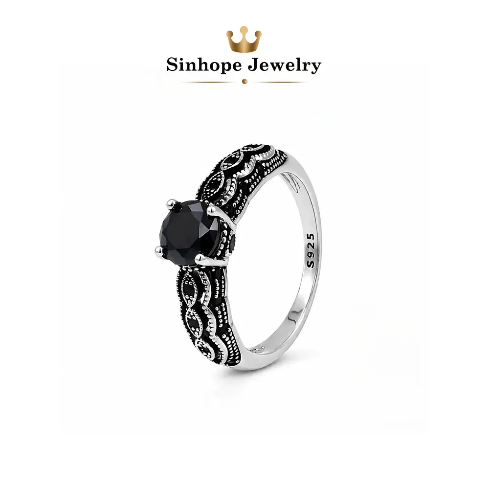 Vintage Gothic S925 Sterling Silver Black Onyx Ring, Antique Filigree Scroll Engraved Oxidized Silver Band, Width 3.7mm, Weight 4.9g, Nickel-Free Hypoallergenic Dark Goth Jewelry, Retro Statement Cocktail Ring, Gothic Birthday Halloween Gift for Women