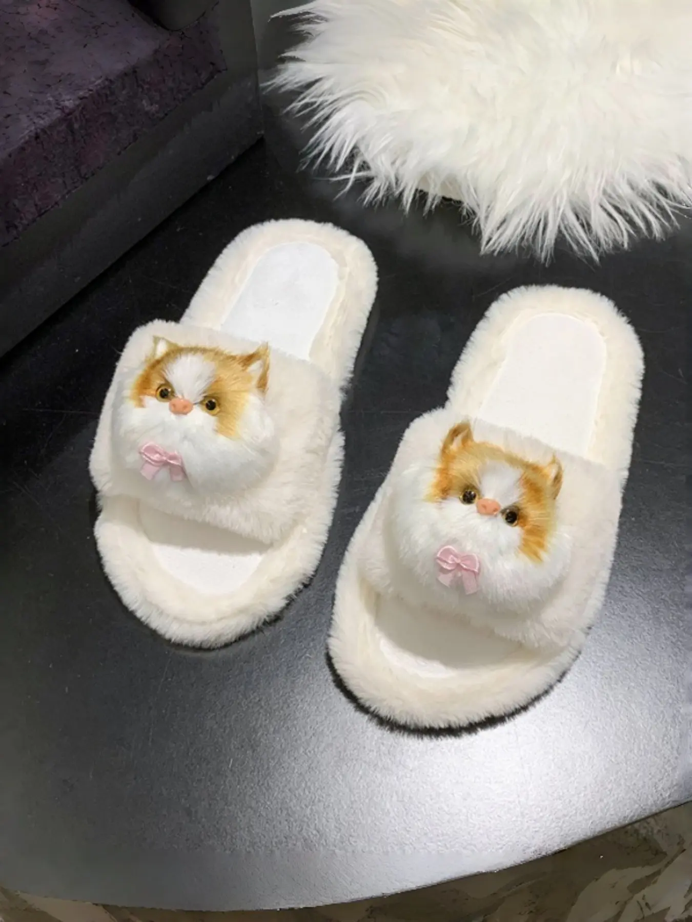 Cute Cat Decor Slippers for Women, Soft Rubber Sole, Anti-Slip, Fall & Winter, Textile Upper, Home & Outdoor Use, High-Quality Comfort, Warm Home Slippers