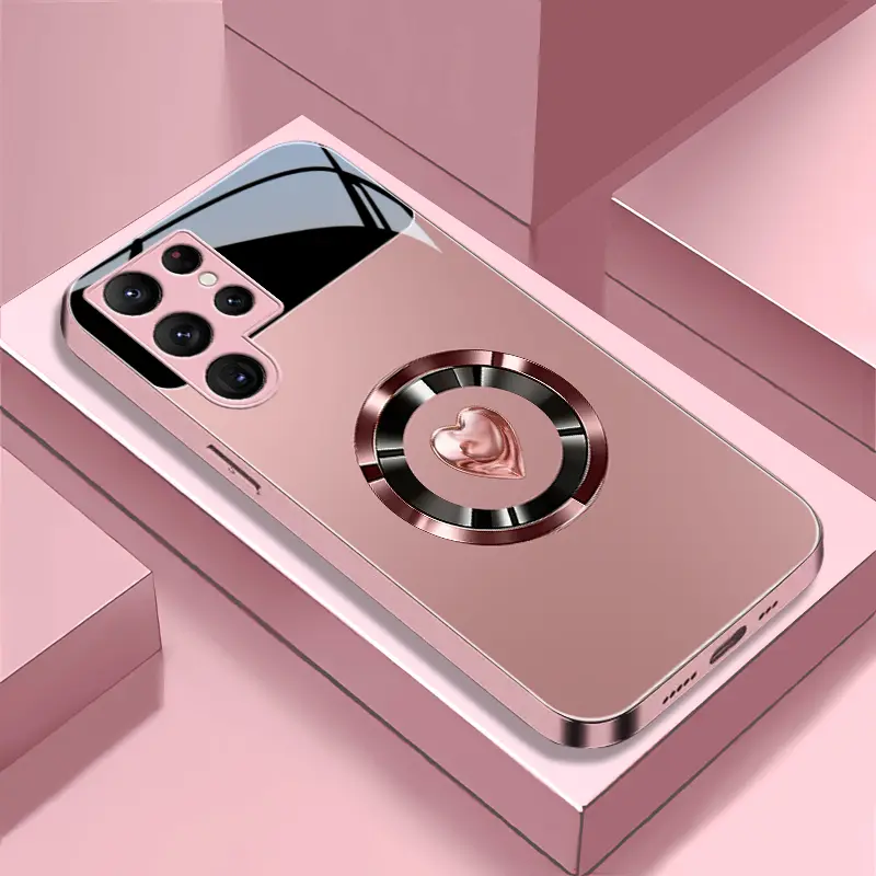 MagSafe Magnetic Glass Smartphone Case for Galaxy S22 Ultra 5G - Viral Coquette Pink Love Heart Glitter Cross, Rose Gold Glossy Electroplated, Shockproof Girly Romantic Aesthetic Cover for Handheld Cellphone Devices Protection