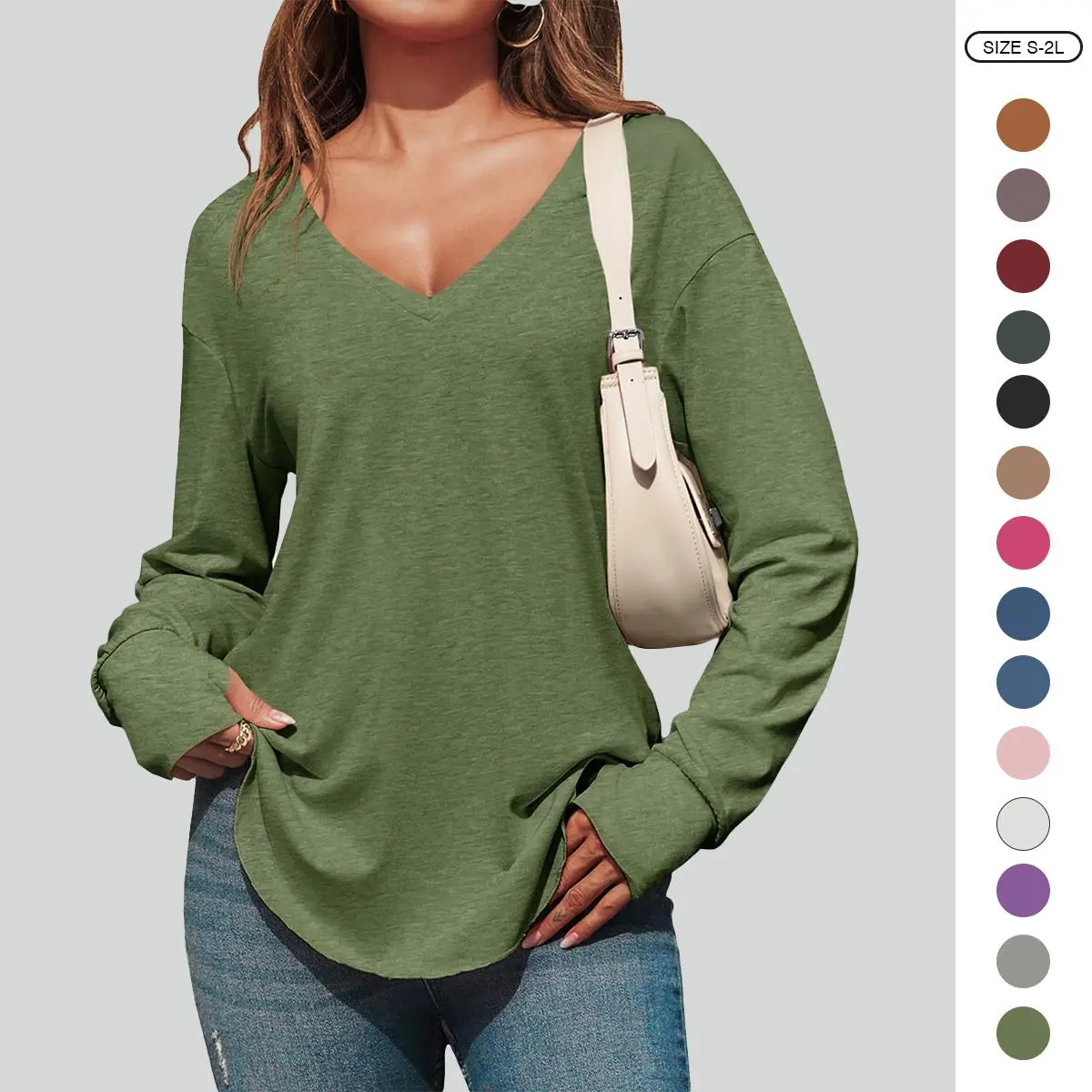 Imily Bela Womens Deep V Neck Tunic Tops Long Sleeve Oversized Casual Loose Fit Curved Hem T Shirts