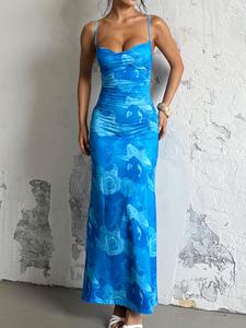 women's floral print lace up spaghetti strap cami dress, adjustable strap ruched sleeveless bodycon long dress, capri sun dress, ladies clothes for vacation holiday wedding guest, gown, womenswear