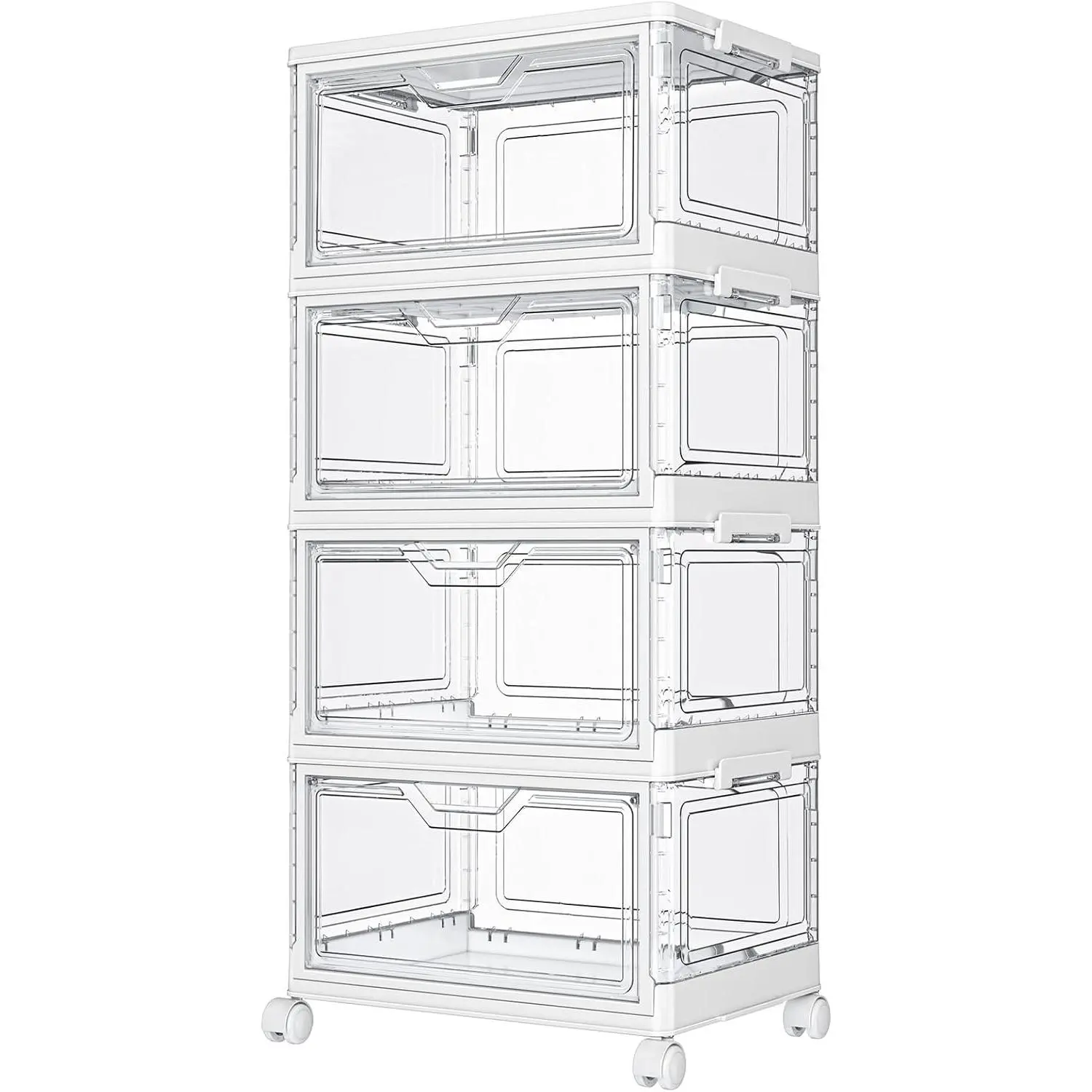 Clear Storage Bins with  - 4 Tier Plastic Bins with Wheels, Stackable Storage Bin, Closet Organizers Box for Bedroom, Living Room, 23 QT Folding Box with  door