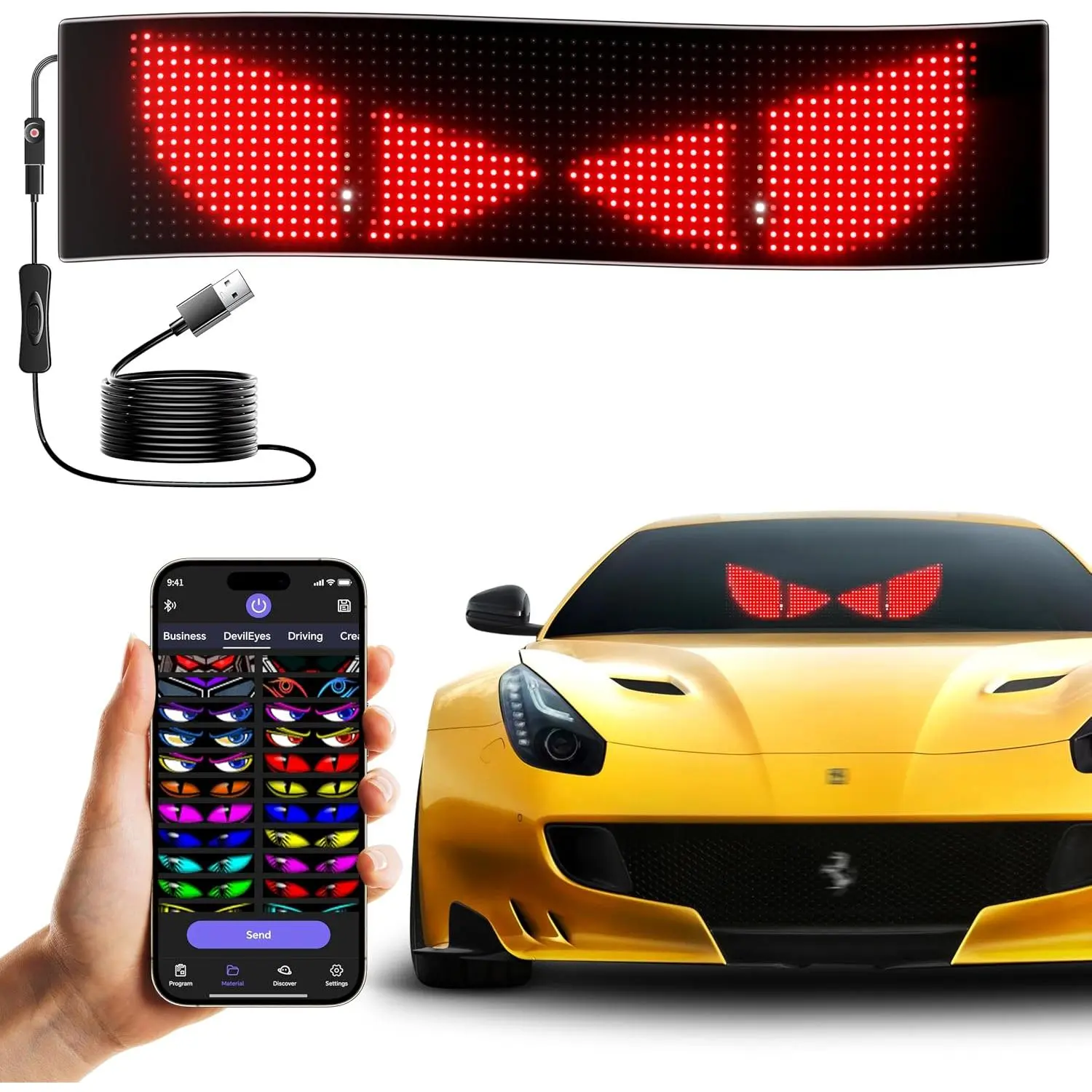 LED Sign for  Devil's Eyes Light for Windshield APP Control Scrolling Display DIY Programmable Flexible USB 5V 13.6 * 4.1in Open Welcome Sign for Window Ads
