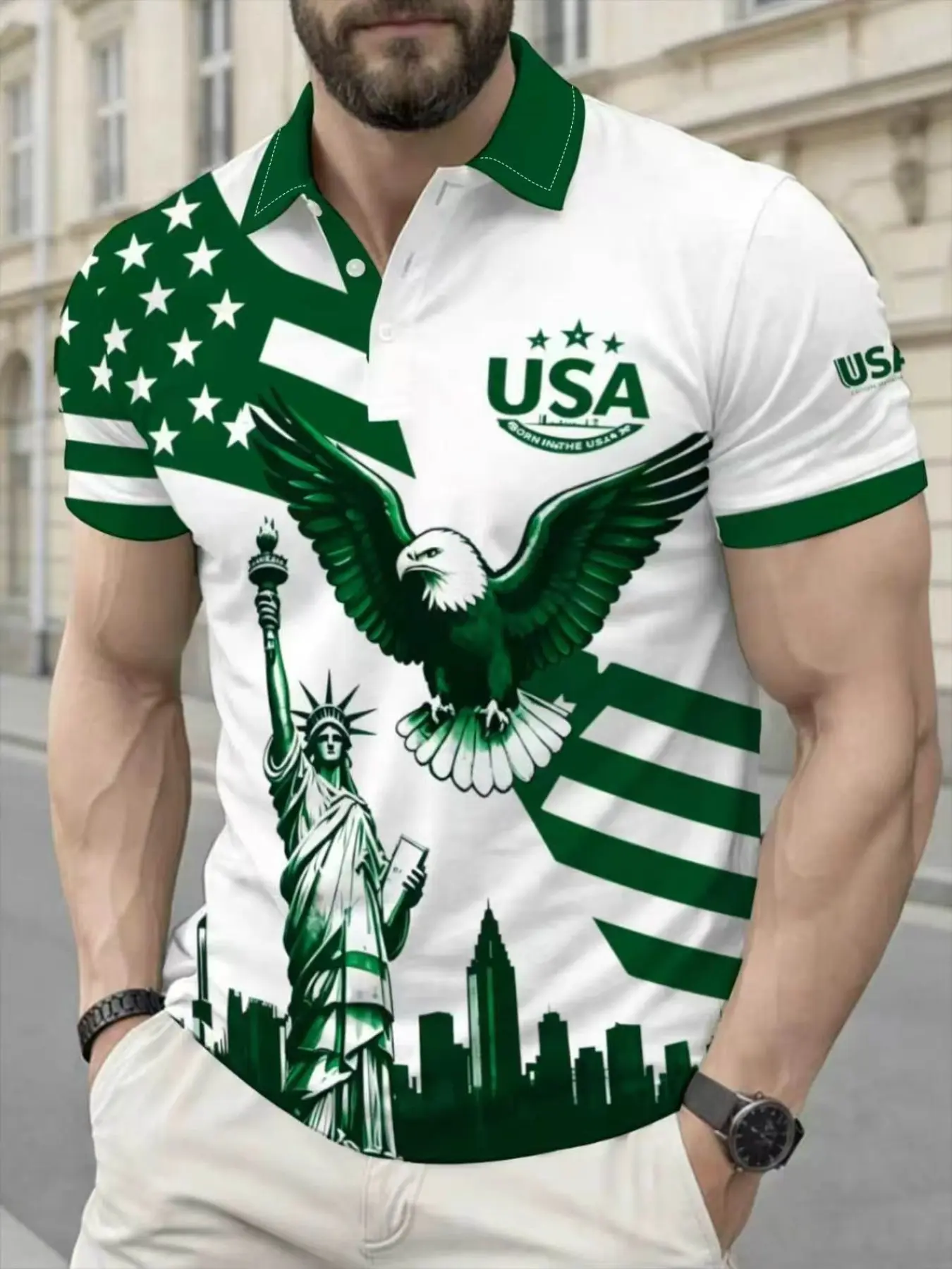 Men's Usa Eagle Liberty Print Polo Shirt, Colorblock American Flag Short Sleeve Collared Top, Casual Geometric Design, All Seasons, Printed Polo Shirts
