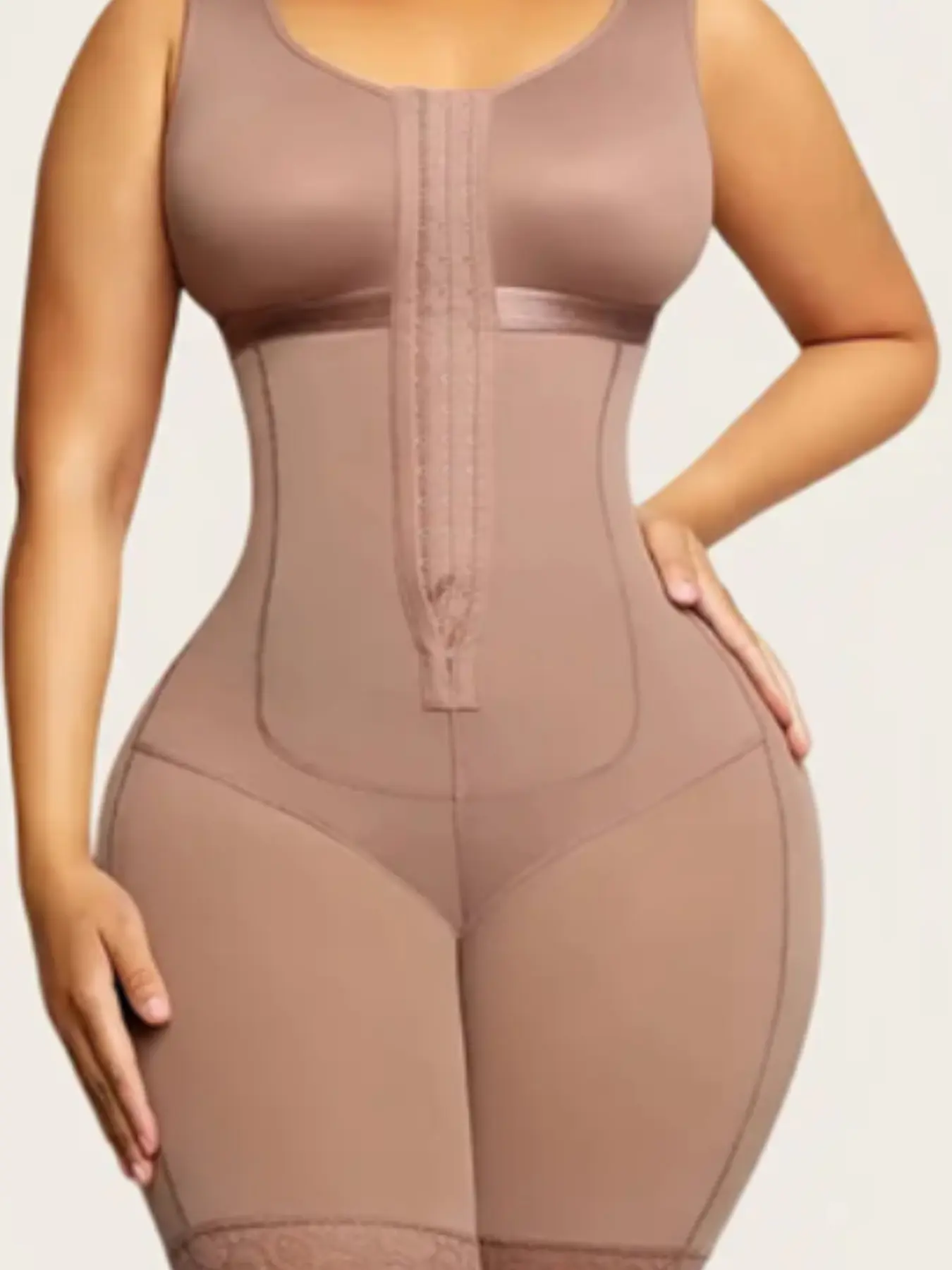 Plus Size Front Hooks Zipper Tank Shapewear Bodysuit, Mid Thigh Lace Hem Design, Tummy Control Hip Lift Thigh Shaper Body Shaper