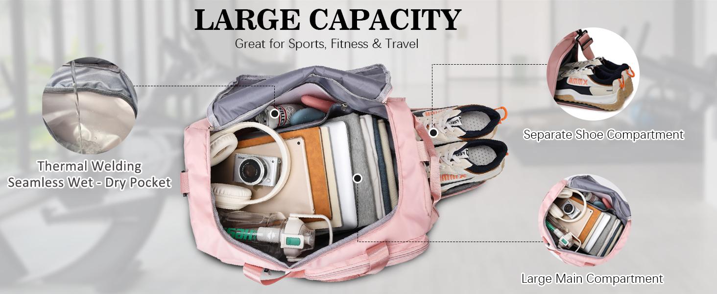 Gym Duffle Bag for Women Men, Sports Backpack with Wet & Shoe Compartment, Fitness Overnight Weekender Bag for Yoga, Swim, Travel (Style B, Black)