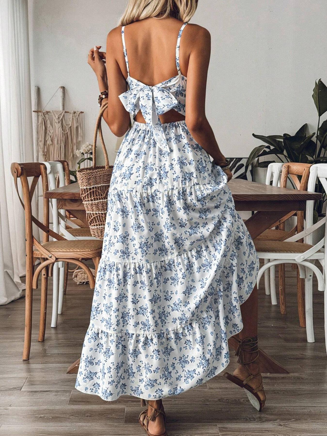 1pc Women's Floral Tiered Maxi Dress, Spaghetti Straps & Back Cutout Bow Detail & Flowy Tiered Skirt & Lightweight Material & Multiple Floral Patterns & Frill Ruffle Hem, Floral Print Dress