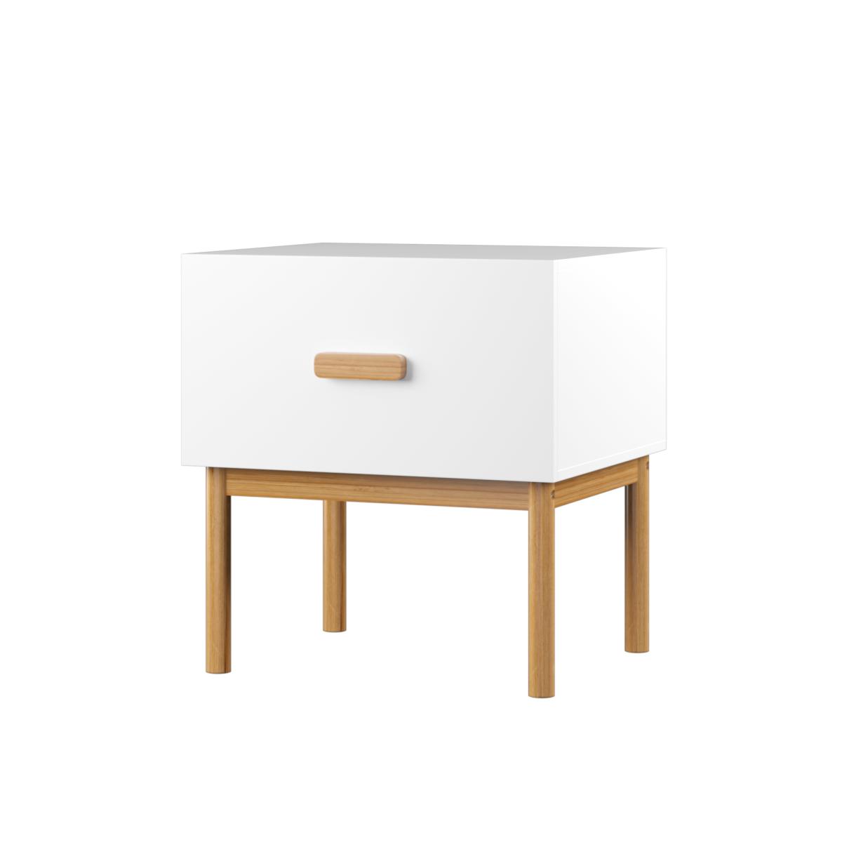 Modern White Nightstand with Drawer and Wood Legs, Minimalist Bedside Table with Handle for Bedroom, Living Room, Apartment