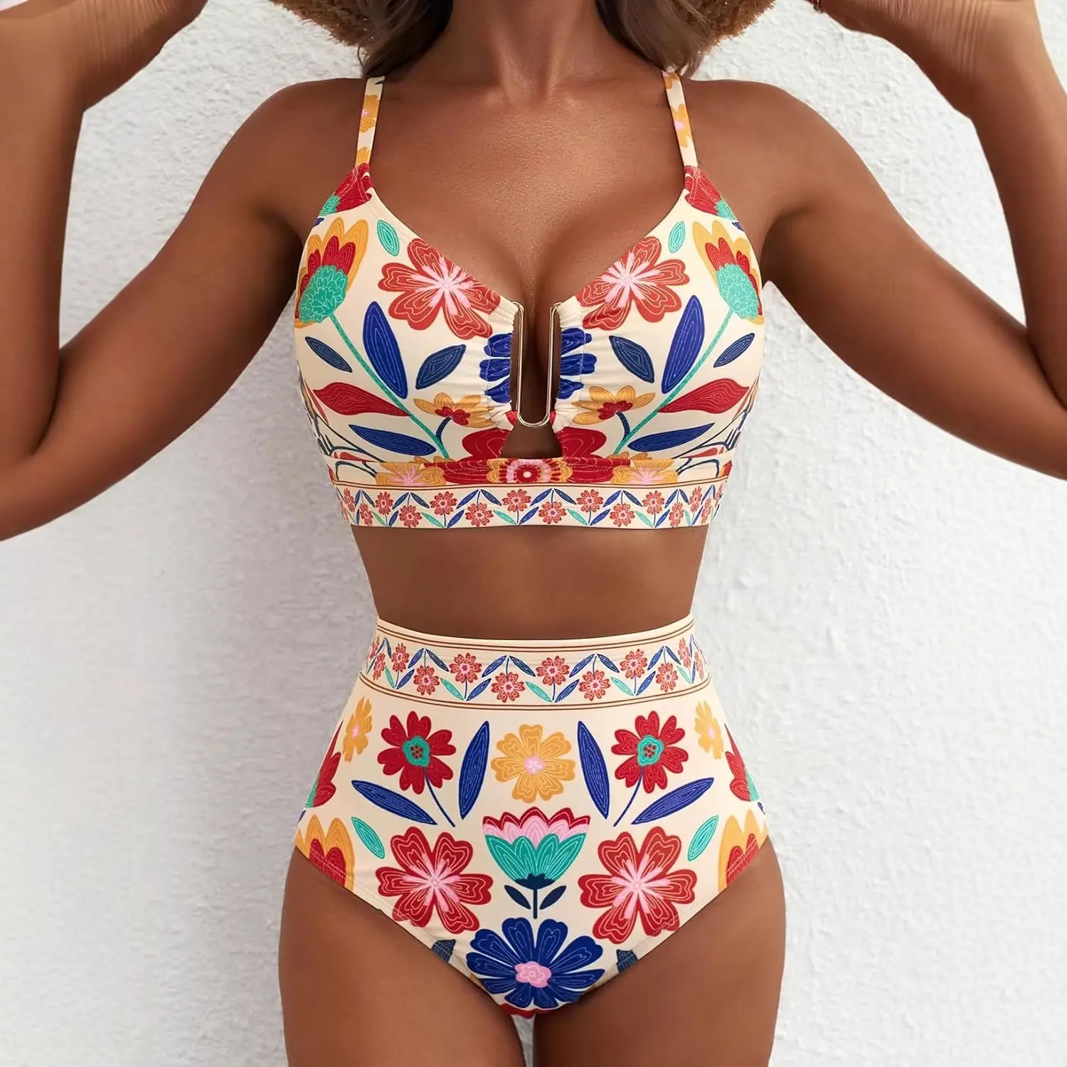 2026 Women's High Waist U-Line Floral Print Two Piece  Set Cross Back Swimsuit Summer Beach Vacation Swimwear tankini swim halter top sexy  fancy casual style luxury getaway adjustable strap sleeveless  set suit female party thong bikini hot spring wear