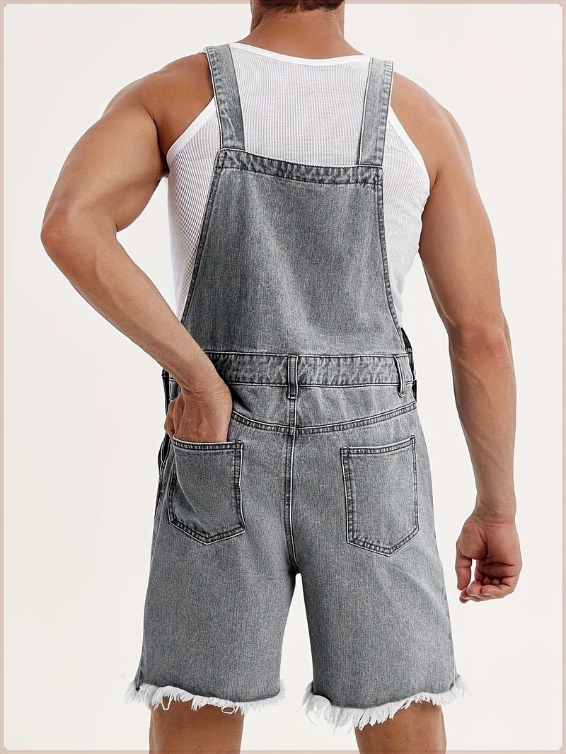 Runcati Men's denim shorts bib overall jean romper, offering a casual loose fit with buttoned pockets, perfect for summer wear as a comfortable and stylish jumpsuit.